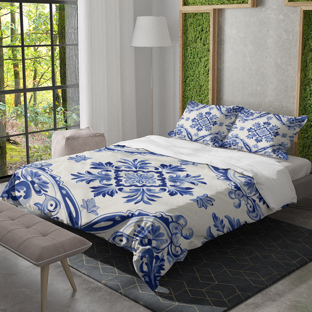 Azulejo Blue Seamless Pattern On White Design Printed Bedding Set Bedroom Decor