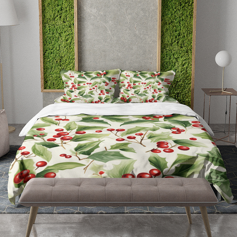 Festive Holly Berries Christmas Winter Pattern Design Printed Bedding Set Bedroom Decor
