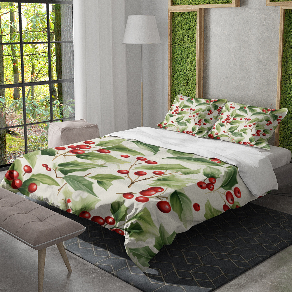 Festive Holly Berries Christmas Winter Pattern Design Printed Bedding Set Bedroom Decor