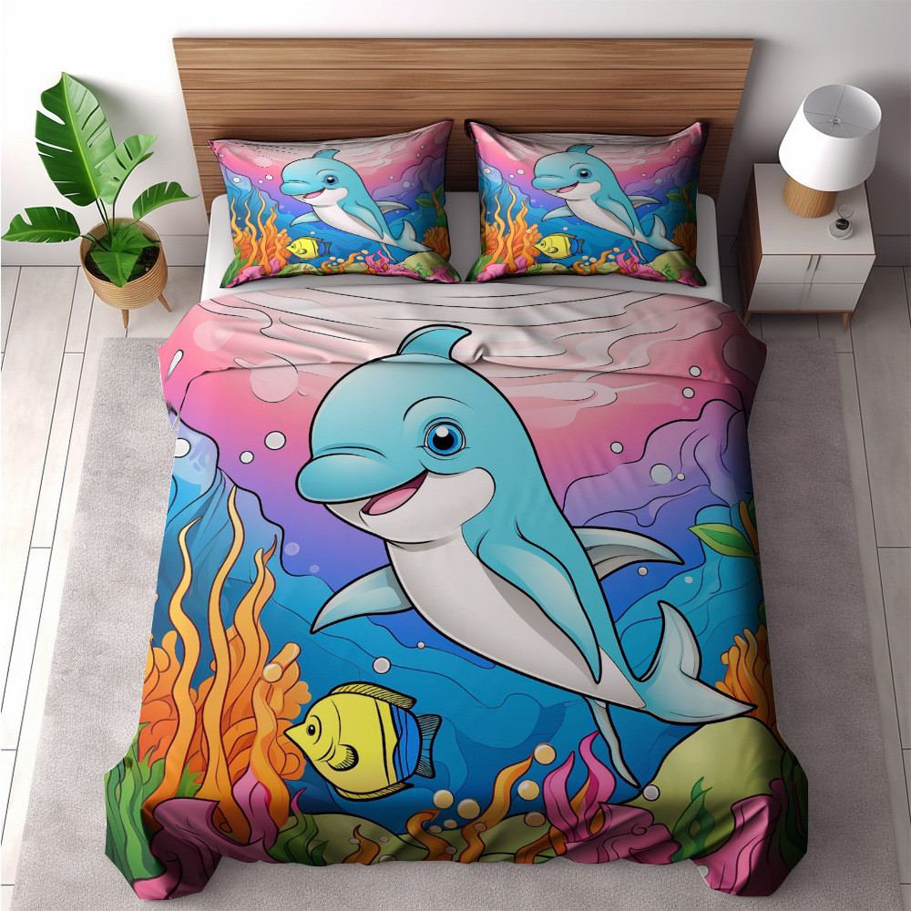 Cartoon Dolphin Under The Ocean Printed Bedding Set Bedroom Decor