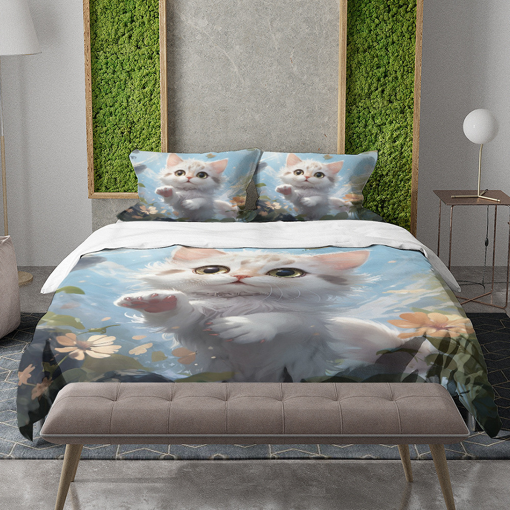 Cute White Cat In Pastel Background Printed Bedding Set Bedroom Decor