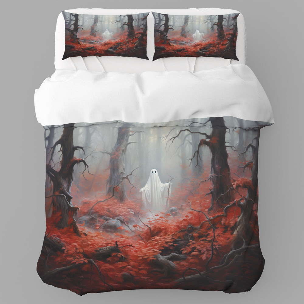 Ghost In Red Forest Halloween Design Printed Bedding Set Bedroom Decor
