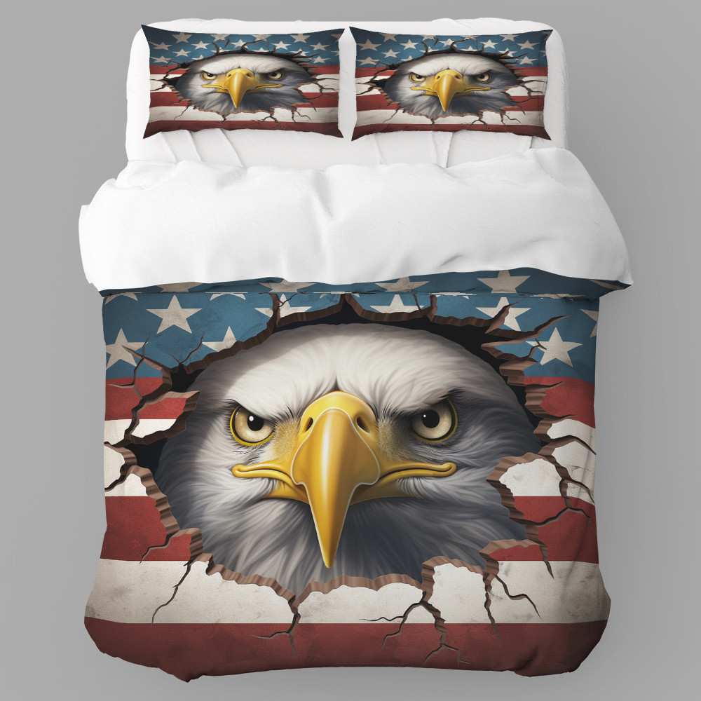 Eagle Looking Through American Flag Hole Patriotic Design Printed Bedding Set Bedroom Decor