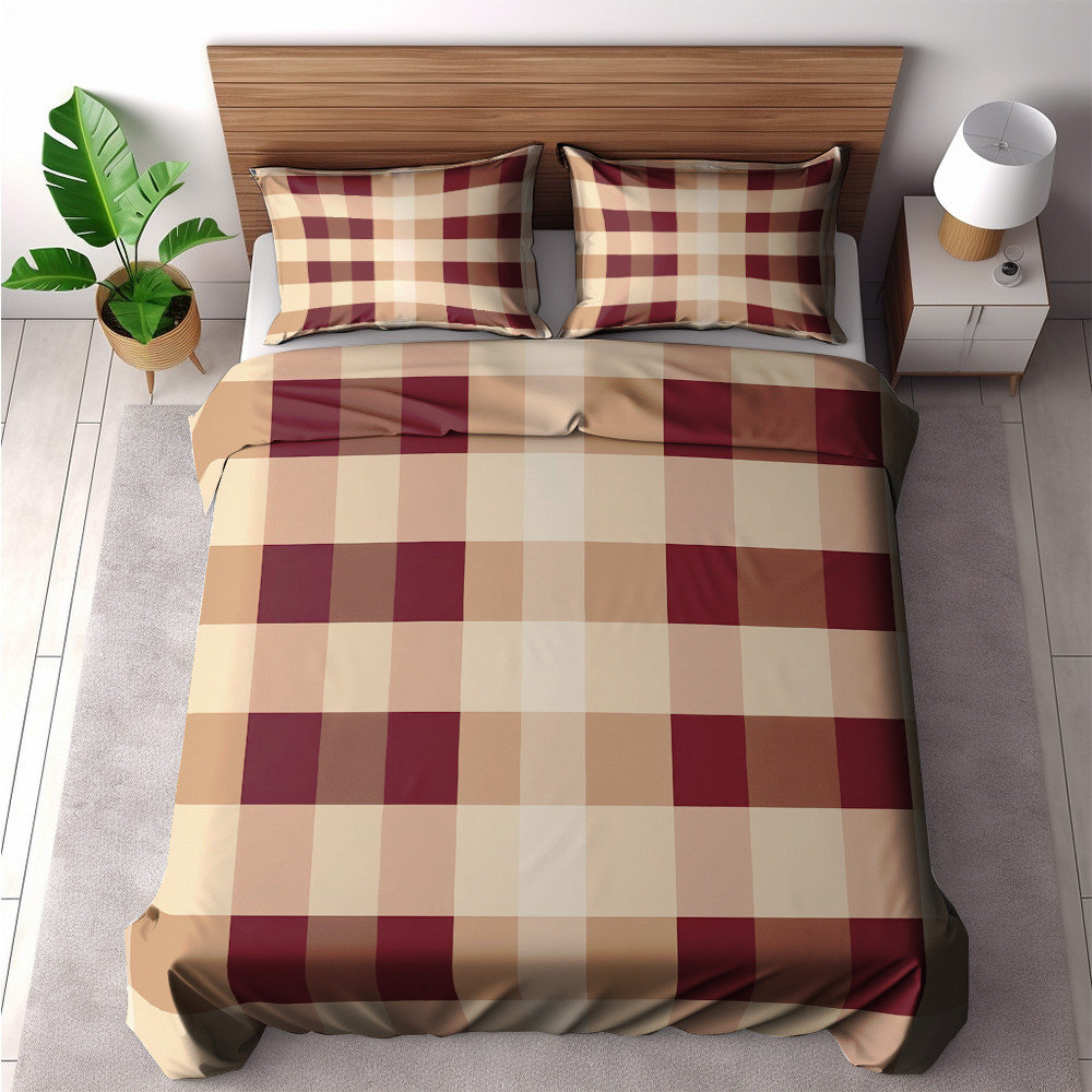 Burgundy And Cream Plaid Seamless Pattern Design Printed Bedding Set Bedroom Decor