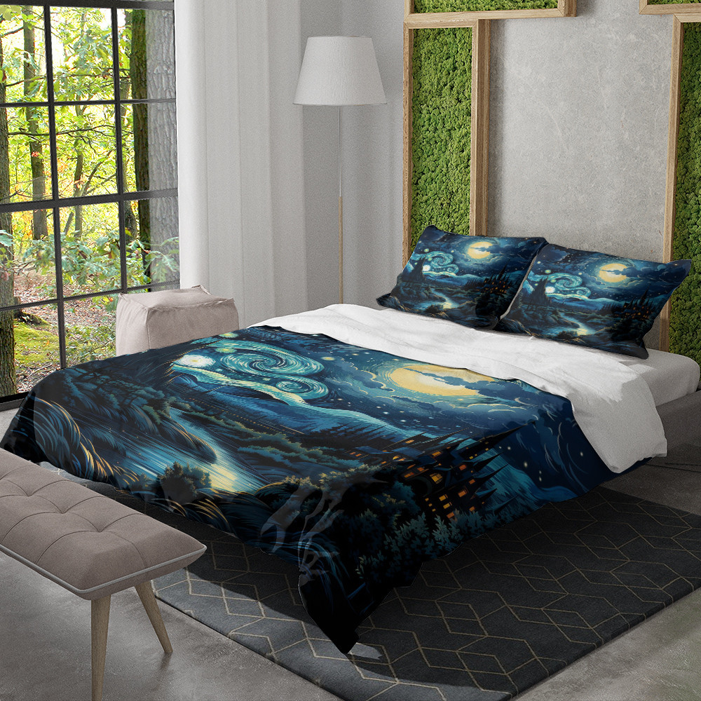 Castle In Starry Night Background Printed Bedding Set Bedroom Decor