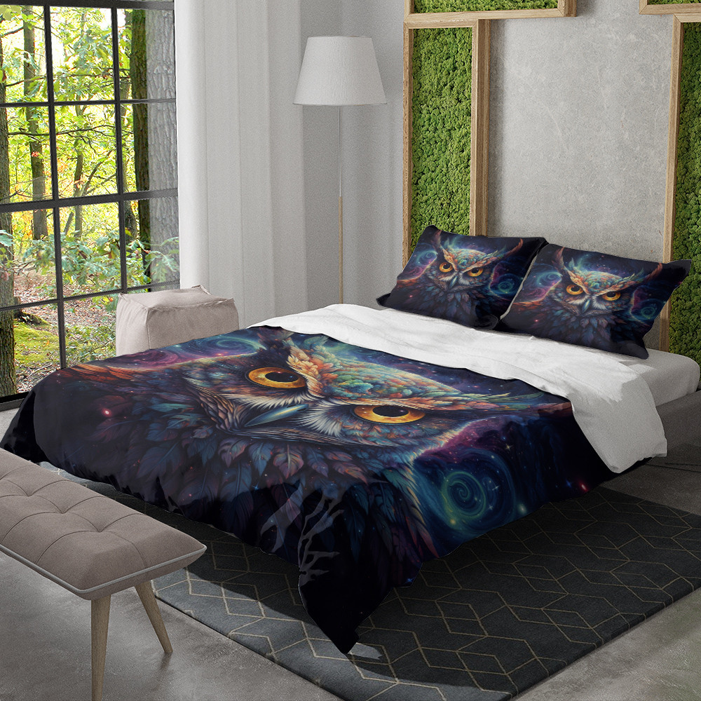Galactic Owl Wisdom Animal Galaxy Design Printed Bedding Set Bedroom Decor
