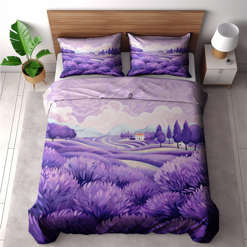 Enchanting Lavender Field Floral Design Printed Bedding Set Bedroom Decor