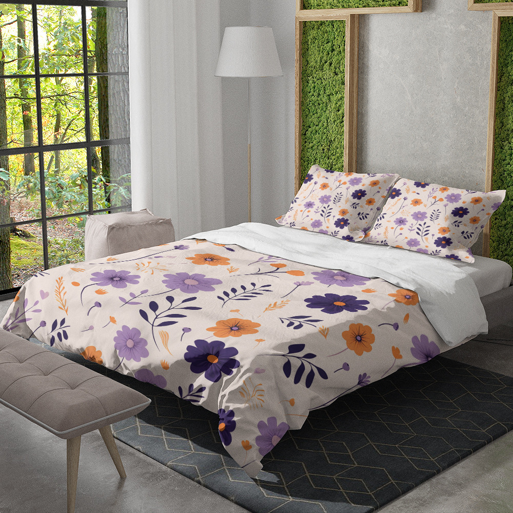 Flowers On Beige Floral Design Printed Bedding Set Bedroom Decor