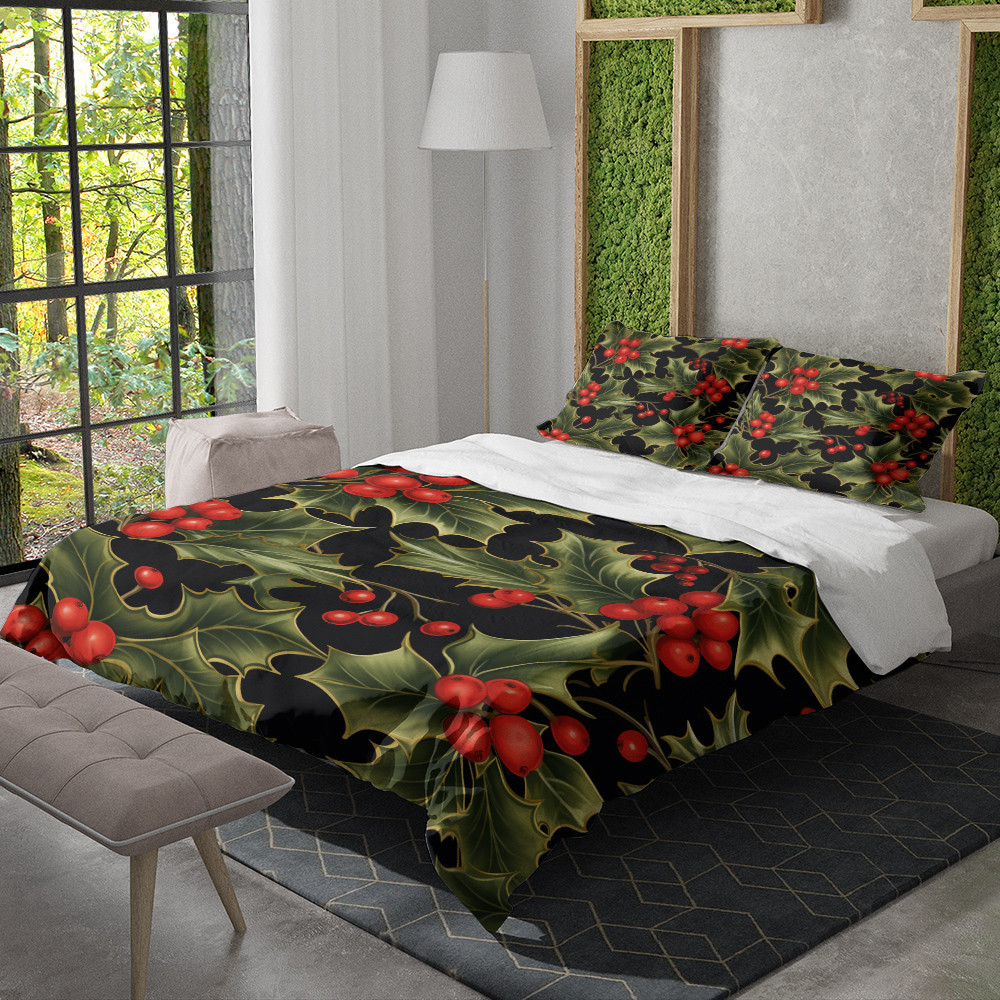 Holly Berries And Mistletoe Christmas Winter Pattern Design Printed Bedding Set Bedroom Decor
