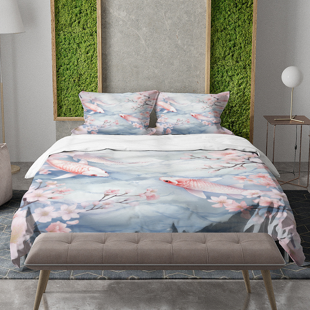 Cherry Blossom Koi Fish Animal Floral Design Printed Bedding Set Bedroom Decor