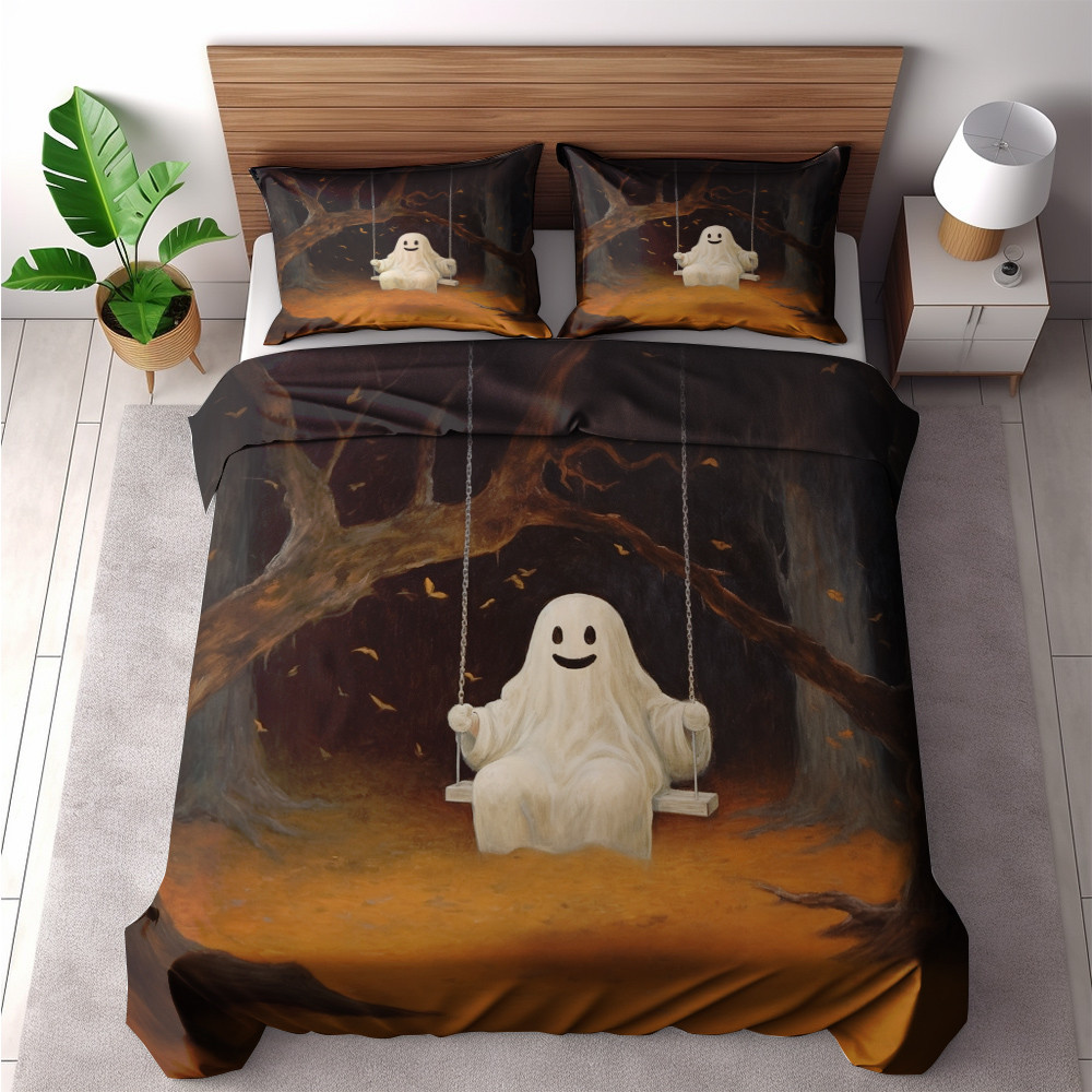 Cute Ghost On Swing Halloween Design Printed Bedding Set Bedroom Decor