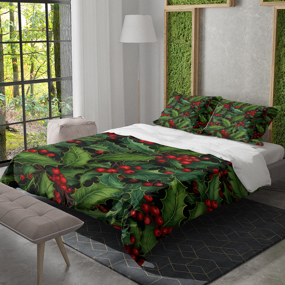 Holly And Ivy Delight Christmas Winter Pattern Design Printed Bedding Set Bedroom Decor