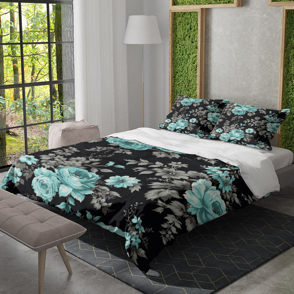 Gray And Turquoise Rose Floral Design Printed Bedding Set Bedroom Decor