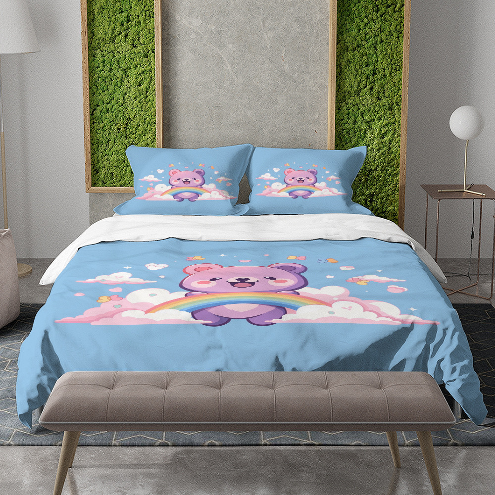 Purple Bear And Rainbow Animal Design Printed Bedding Set Bedroom Decor For Kids