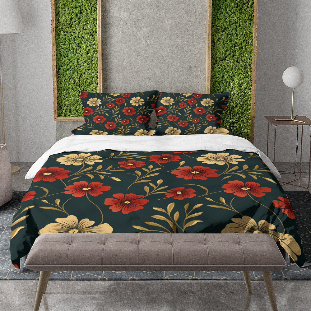 Red And Gold Flowers Floral Design Printed Bedding Set Bedroom Decor