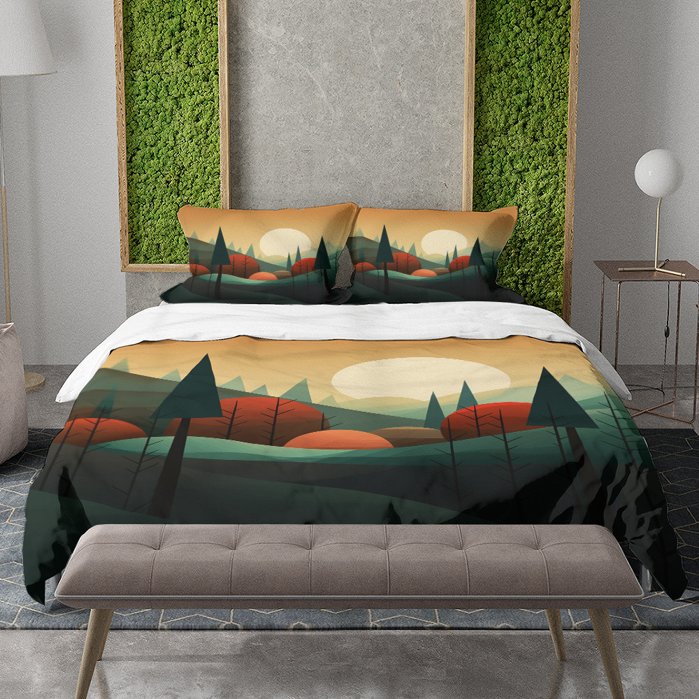 Tranquil Forest Scene Minimalist Landscape Design Printed Bedding Set Bedroom Decor