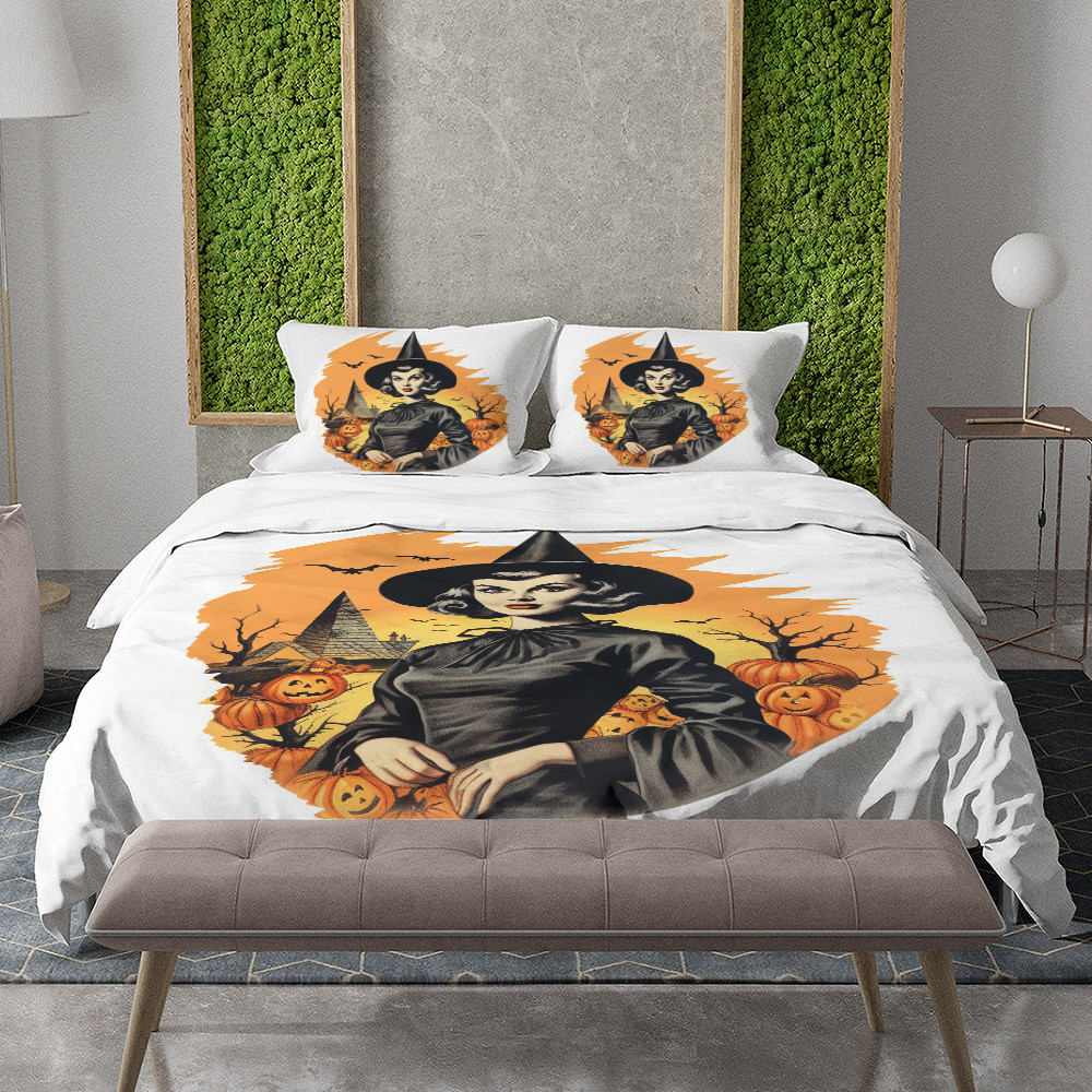 Vintage Witch And Pumpkins Theme Printed Bedding Set Bedroom Decor Halloween Design