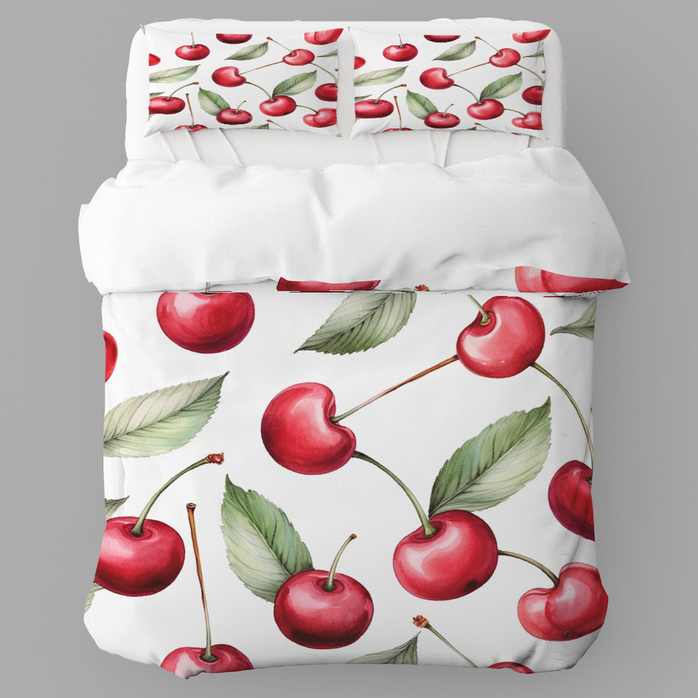 Red Cherries On White Printed Bedding Set Bedroom Decor Fruit Design