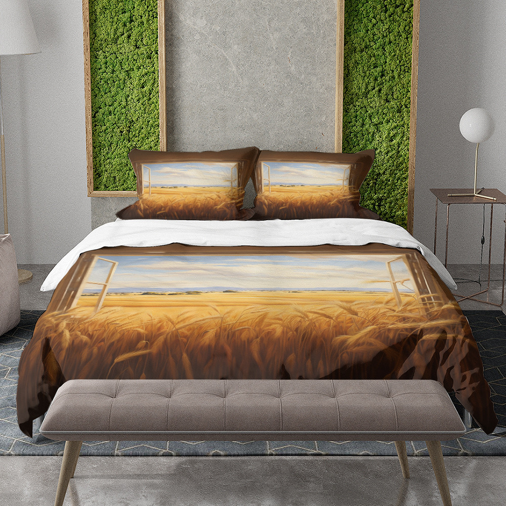 Window Overlooking Golden Wheat Field Landscape Design Printed Bedding Set Bedroom Decor