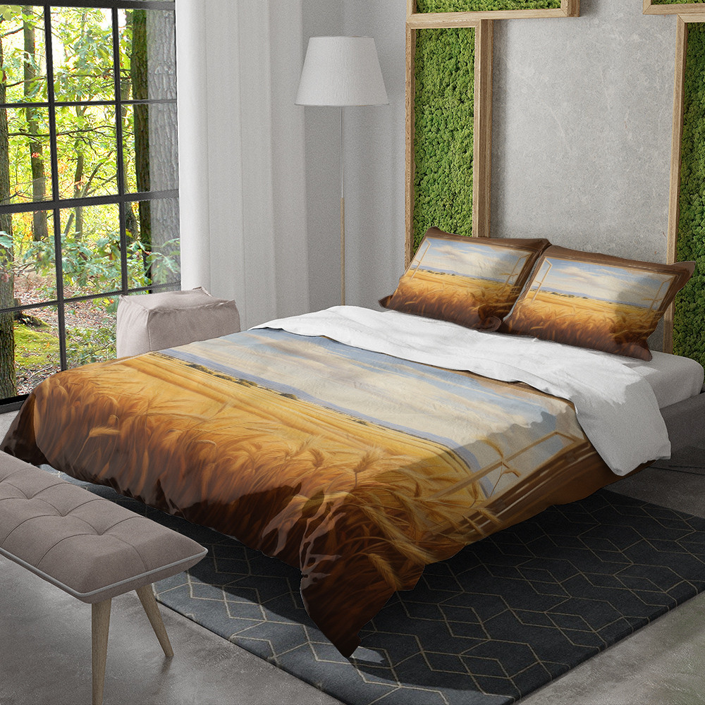 Window Overlooking Golden Wheat Field Landscape Design Printed Bedding Set Bedroom Decor