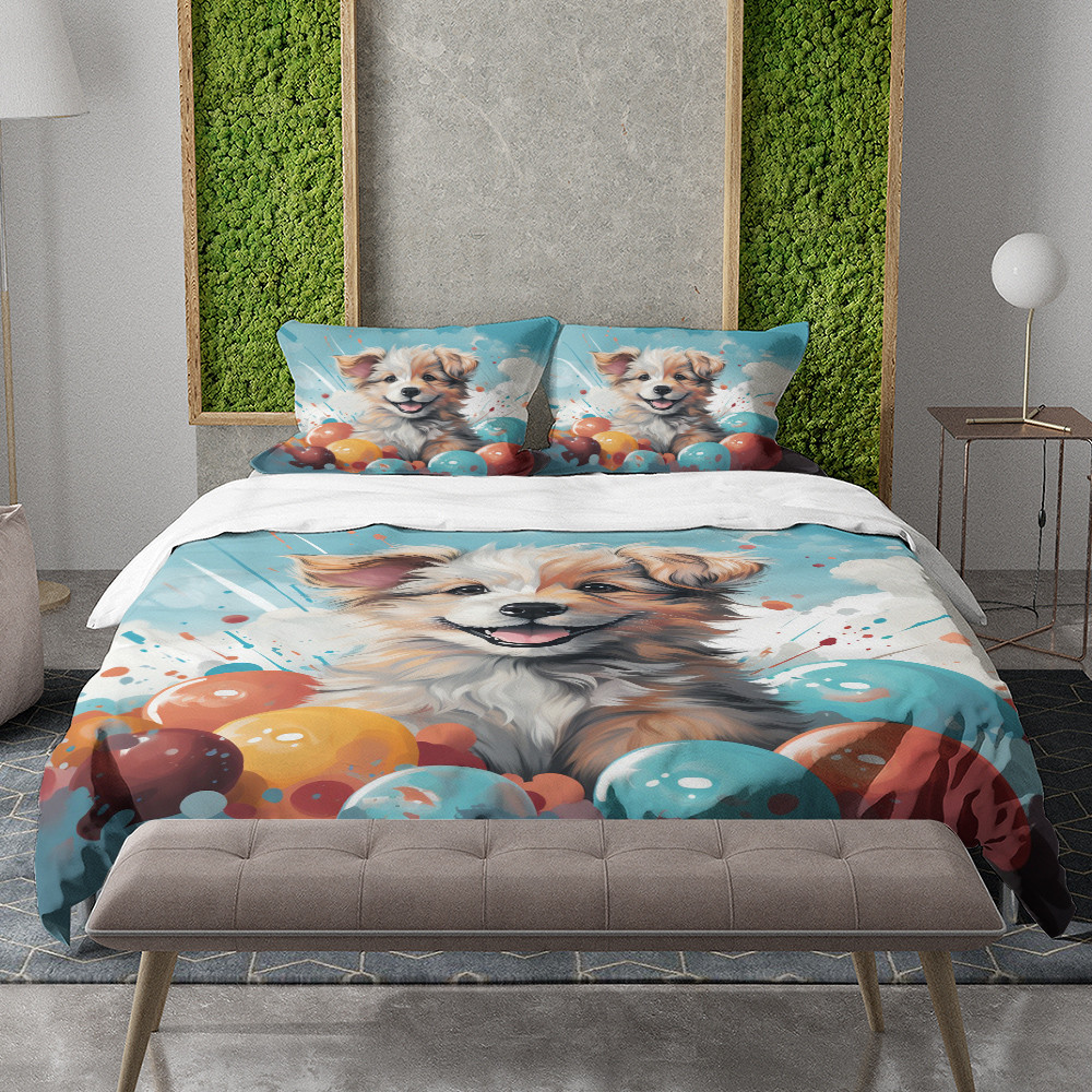 Lovely Dog Paint Splatters Balls Pattern Printed Bedding Set Bedroom Decor
