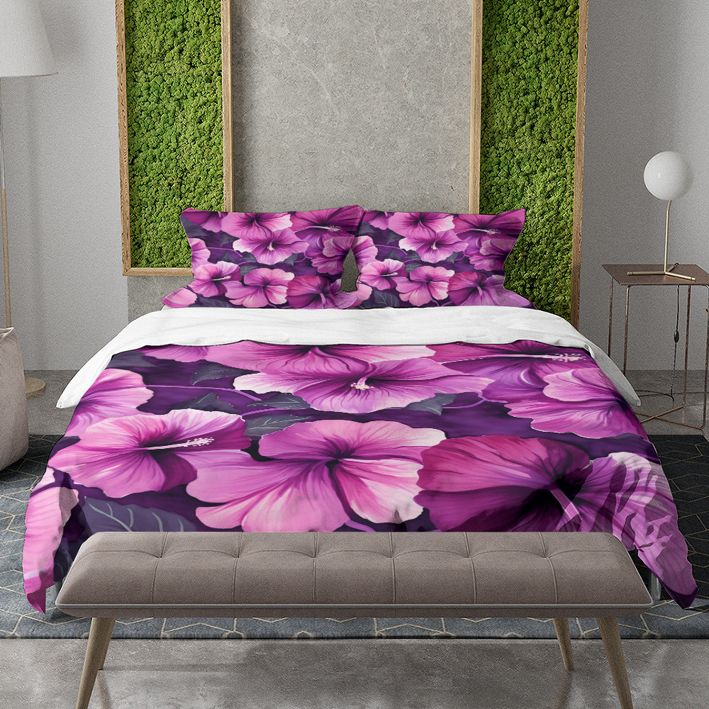 Royal Purple Hibiscus Flowers Watercolor Floral Design Printed Bedding Set Bedroom Decor
