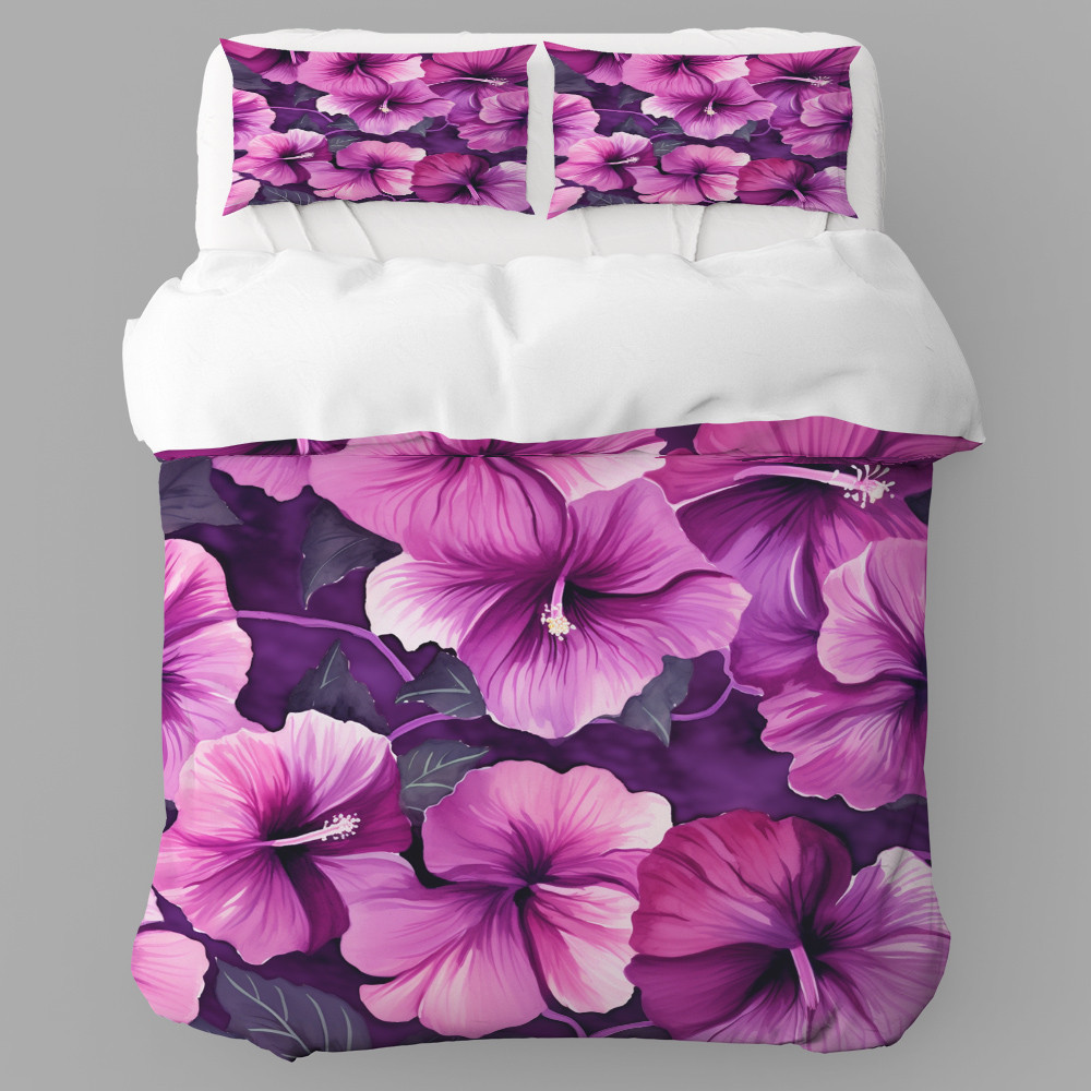 Royal Purple Hibiscus Flowers Watercolor Floral Design Printed Bedding Set Bedroom Decor