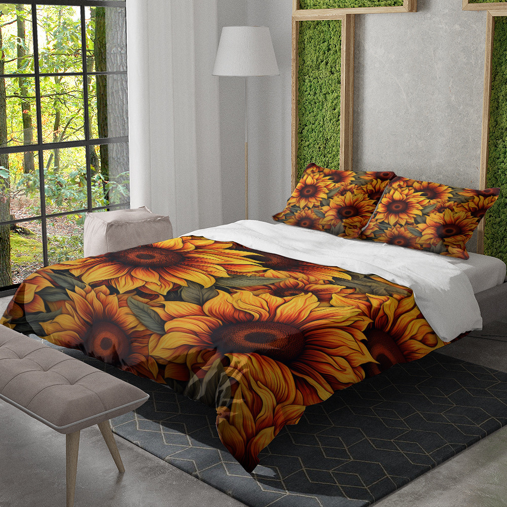 Intricate Sunflowers Floral Design Printed Bedding Set Bedroom Decor