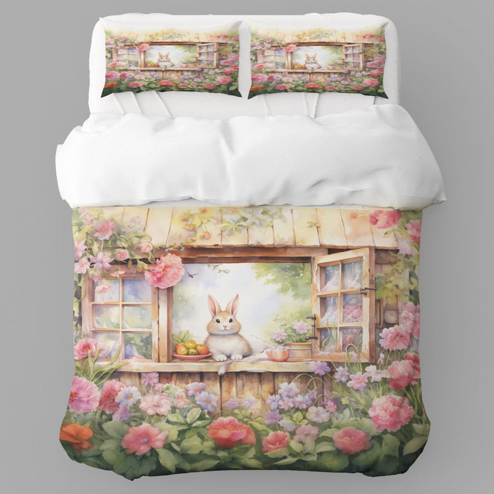 Rabbit Surrounded By Flowers Animal Design Printed Bedding Set Bedroom Decor