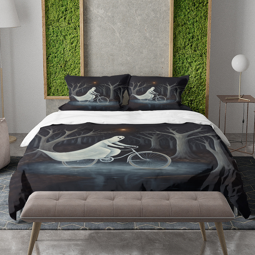 Whimsical Ghost Riding Bicycle Halloween Design Printed Bedding Set Bedroom Decor