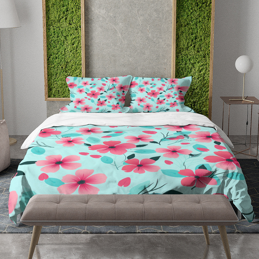 Pink Flowers Mint Background Floral Design Printed Bedding Set Bedroom Decor