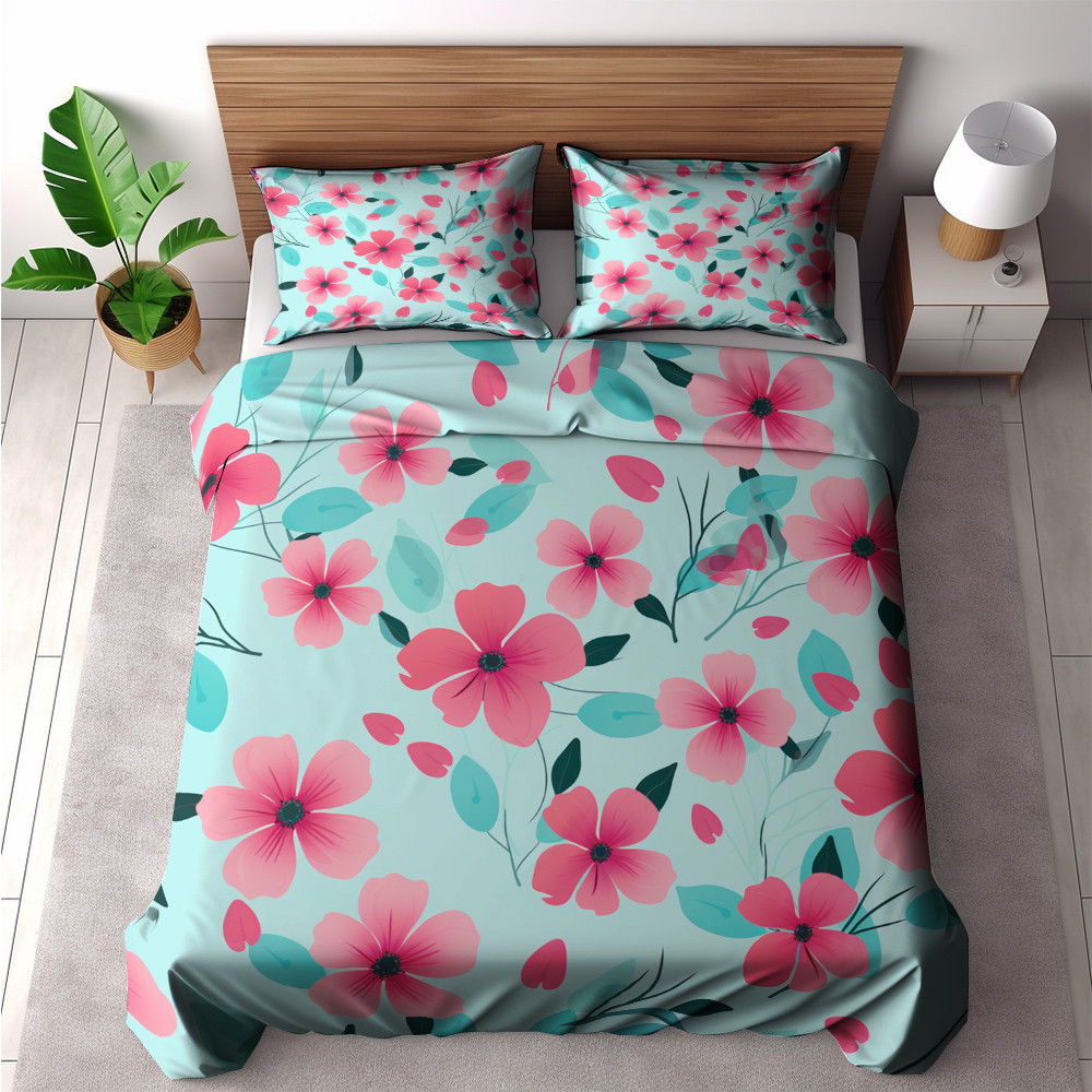 Pink Flowers Mint Background Floral Design Printed Bedding Set Bedroom Decor