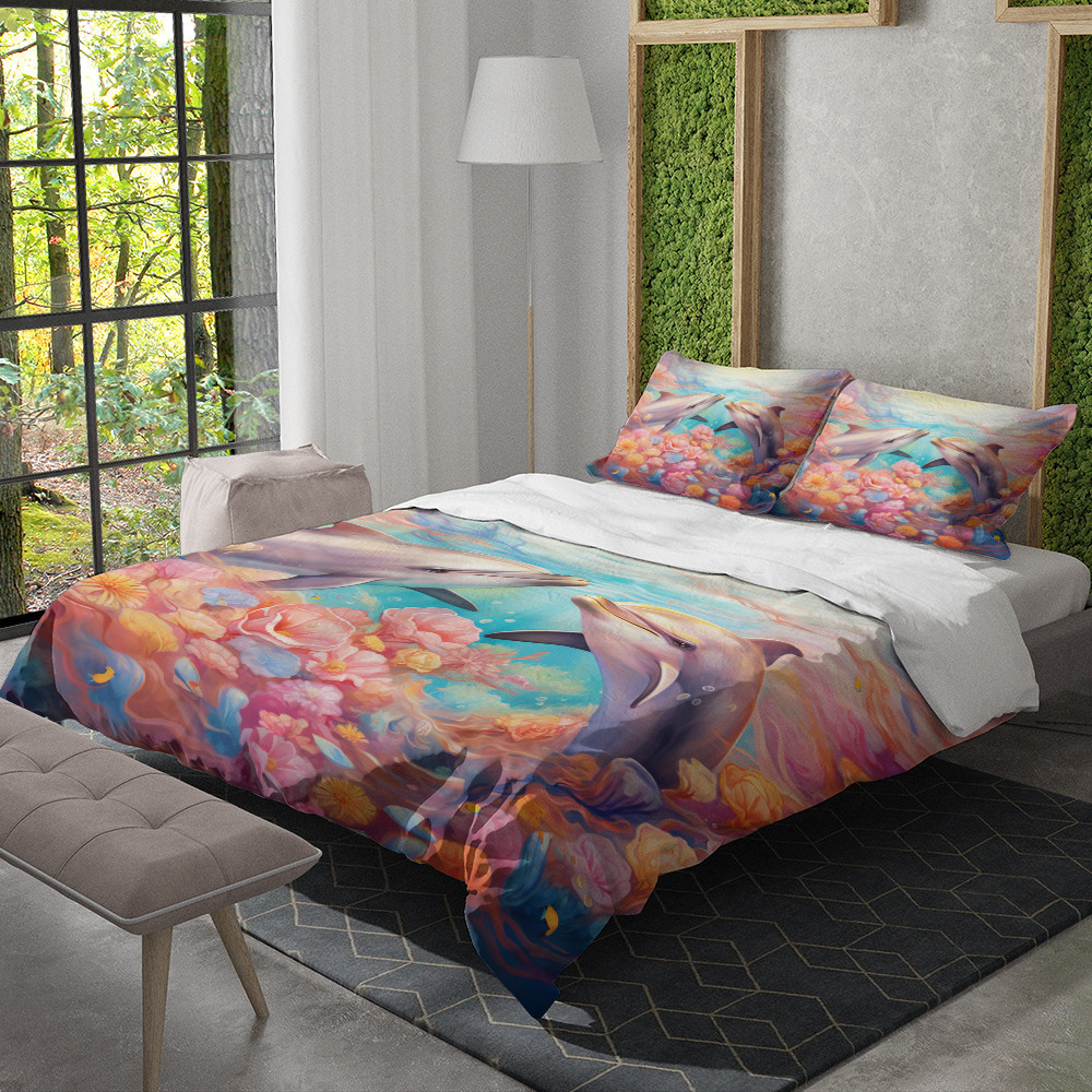 Two Dolphins Coral Blossoms Animal Design Printed Bedding Set Bedroom Decor