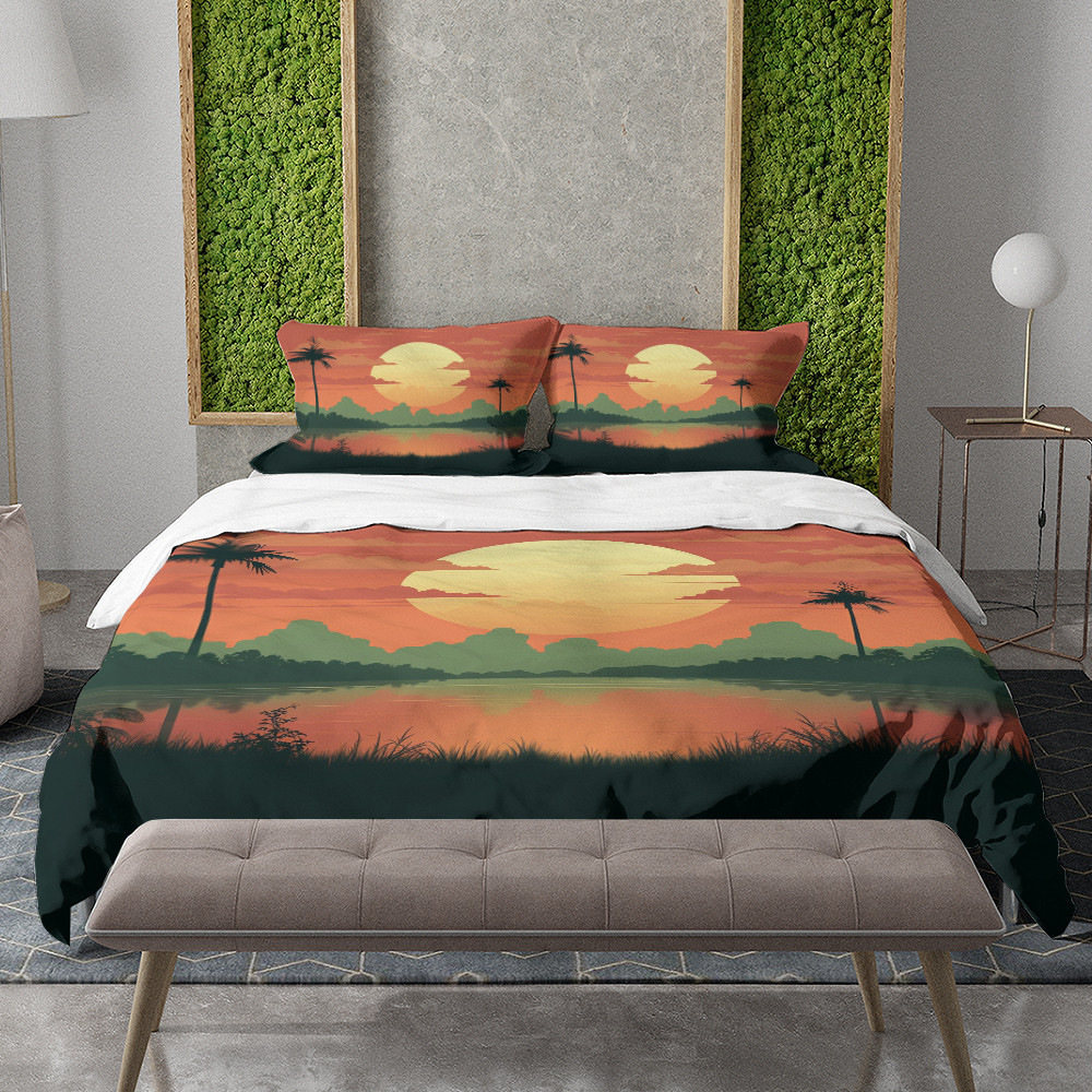 Tranquil River Landscape In Sunset Printed Bedding Set Bedroom Decor