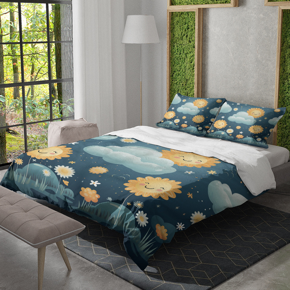 Sunflowers With Happy Face And Cloud Pattern Printed Bedding Set Bedroom Decor