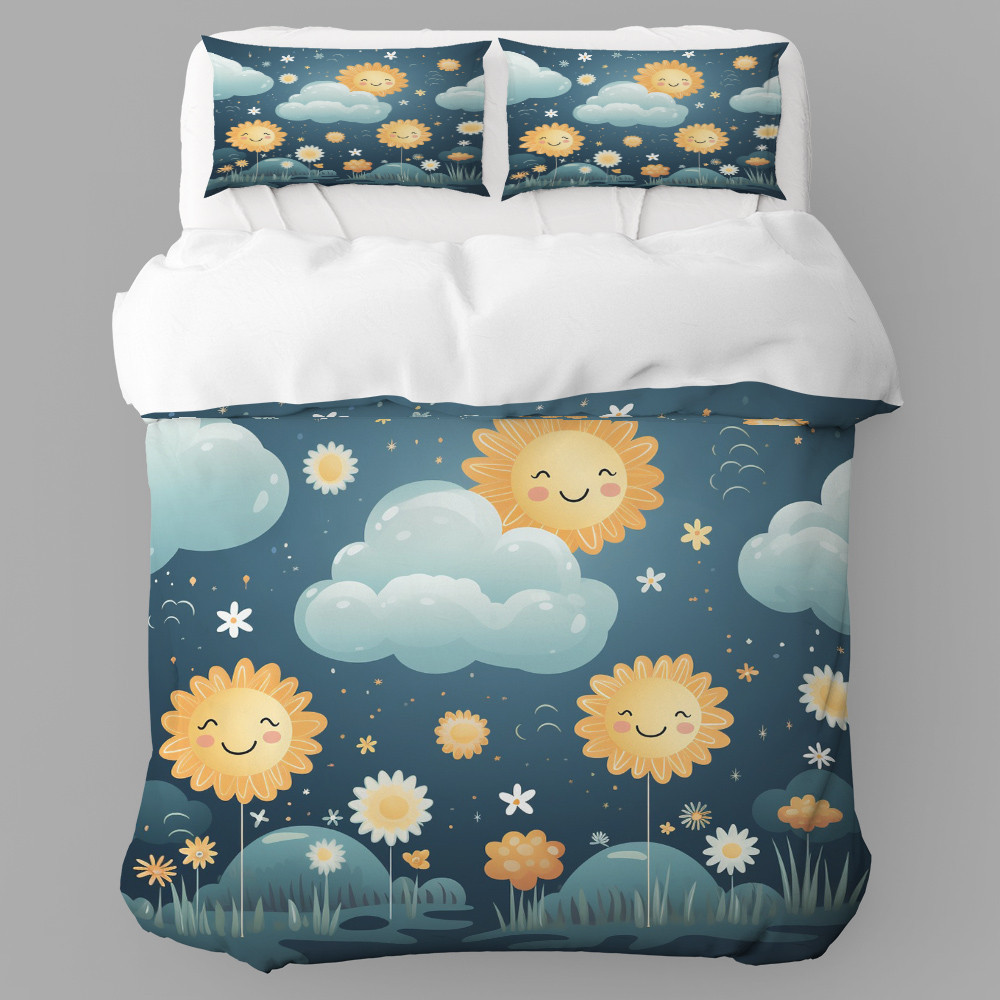 Sunflowers With Happy Face And Cloud Pattern Printed Bedding Set Bedroom Decor
