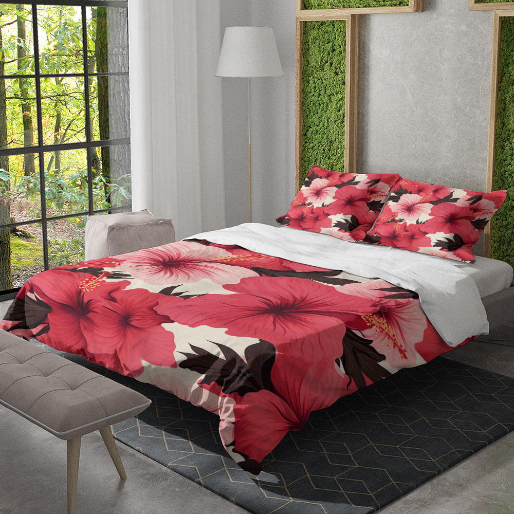 Red Hibiscus Flowers Floral Design Printed Bedding Set Bedroom Decor