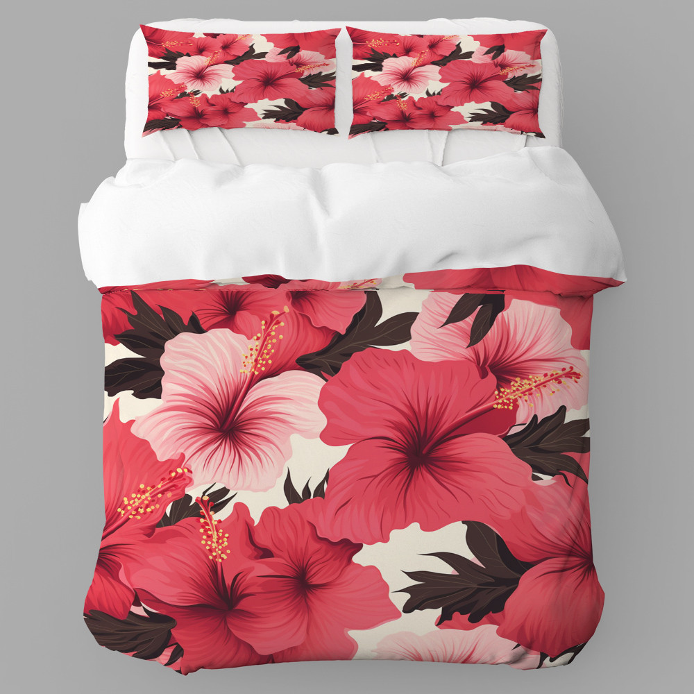 Red Hibiscus Flowers Floral Design Printed Bedding Set Bedroom Decor