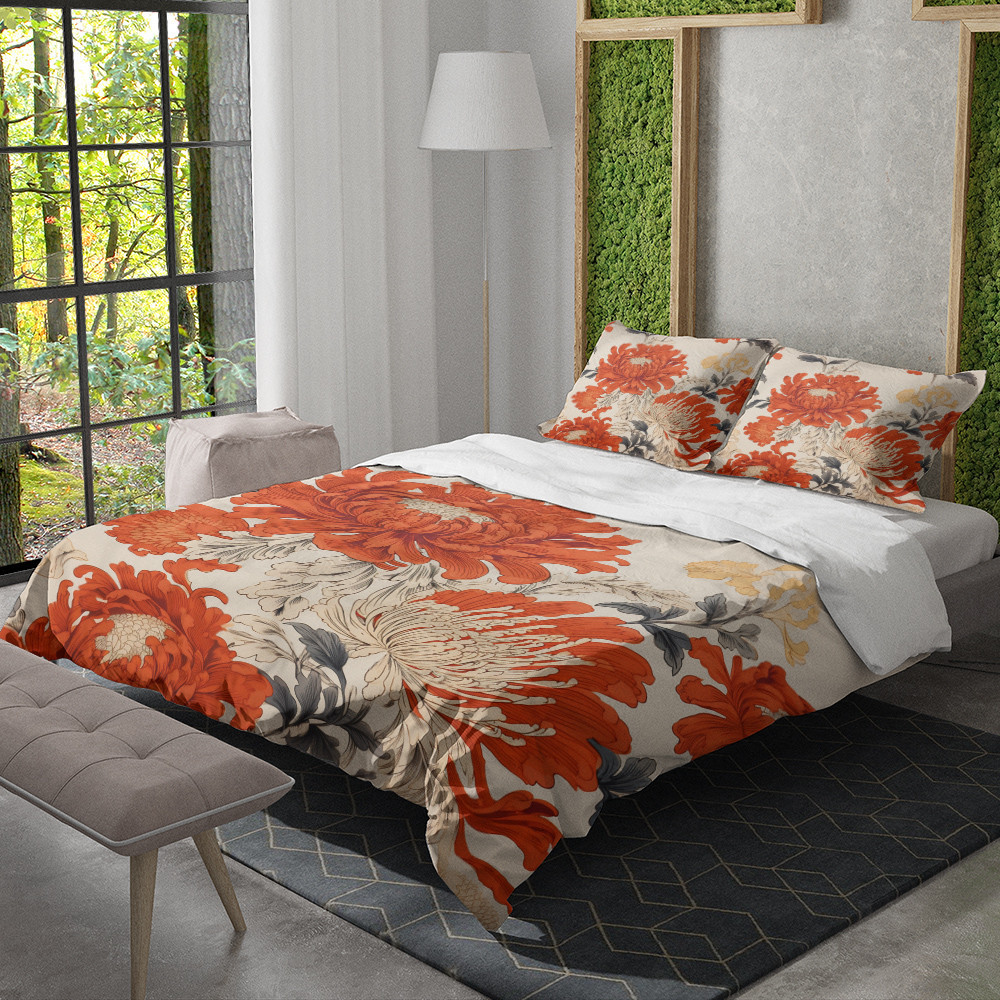 Orange Chrysanthemum Flowers Floral Design Printed Bedding Set Bedroom Decor