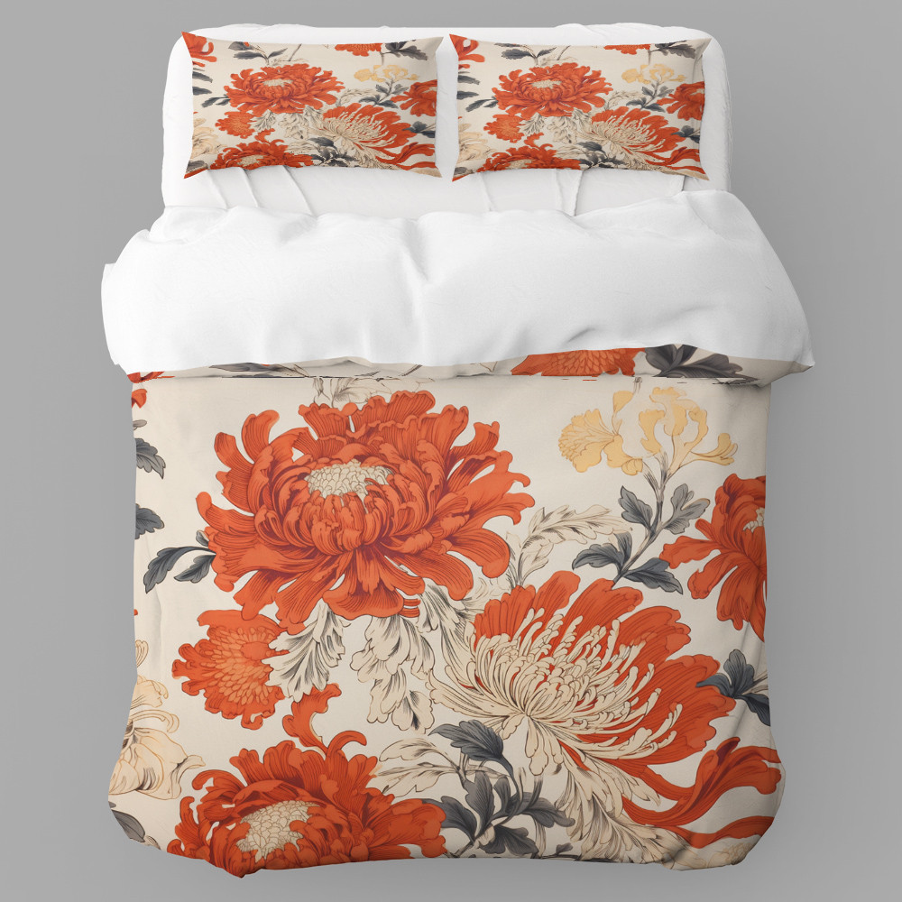 Orange Chrysanthemum Flowers Floral Design Printed Bedding Set Bedroom Decor