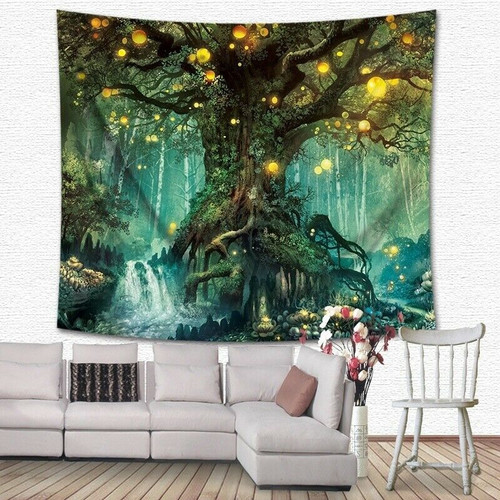 Magical Tree of Life Tapestry Wall Psychedelic Forest in Star Moon Night