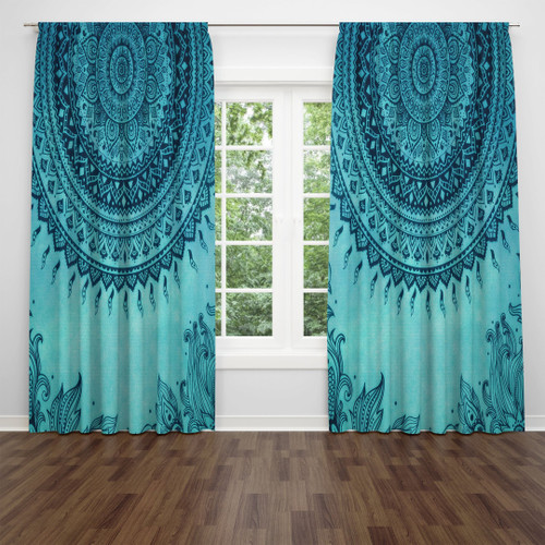 Turquoise Boho Mandala Printed Window Curtain Home Decor