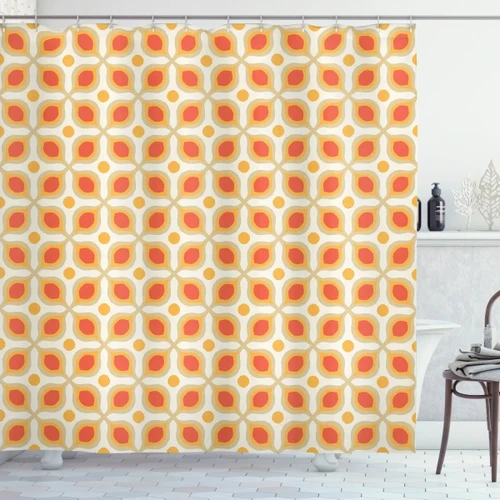 70s Boho Geometric Orange Pattern Printed Shower Curtain Home Decor