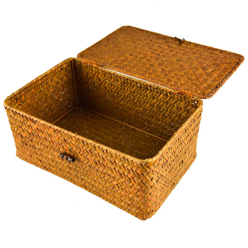 Brown Color Rectangular Handcrafted Rattan Organizing Storage Basket With Lid Decorative For Kitchen Bathroom Living Room Bedroom