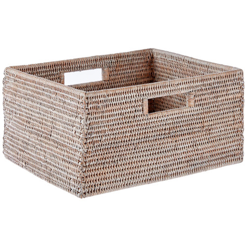 Whitewash Rectangular Handcrafted Rattan Organizing Storage Basket Decorative For Kitchen Bathroom Living Room Bedroom