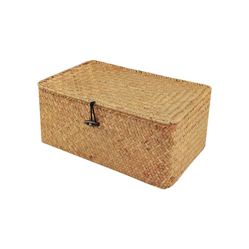 Yellow Rectangular Handcrafted Rattan Organizing Storage Basket With Lid Decorative For Kitchen Bathroom Living Room Bedroom