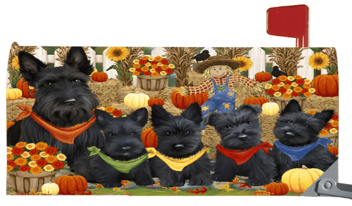 Fall Festive Harvest Time Gathering Scottish Terrier Dogs Mailbox Cover Post Box Cover Wraps Garden Yard Decor
