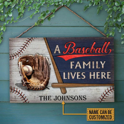 A Baseball Family Lives Here Custom Name Rectangle Wooden Sign Wooden Plaques