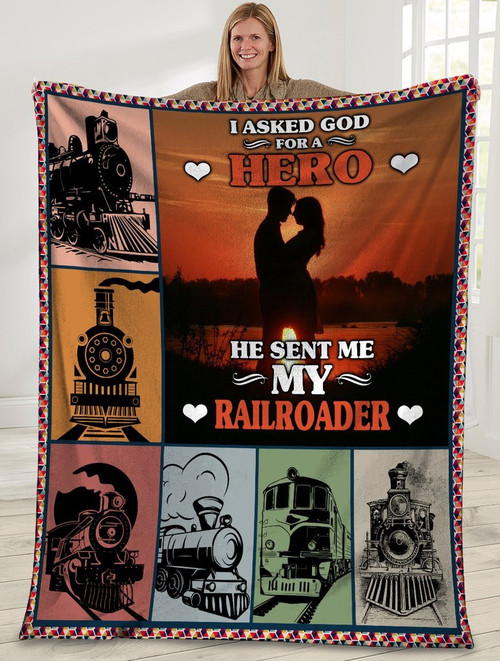 A Hero My Railroader Gift For Husband Sunset Shade Design Sherpa Fleece Blanket