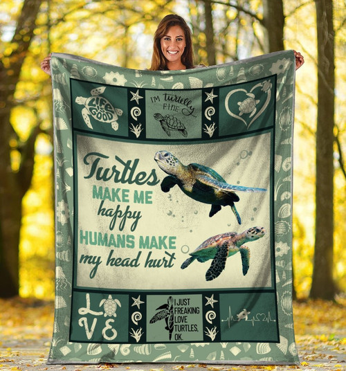 Turtles Make Me Happy Sea Turtle Ocean Gift For Wife Design Sherpa Fleece Blanket
